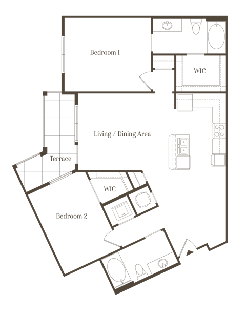 Floor plan for 2 beds, 2 baths, 1111 sqft